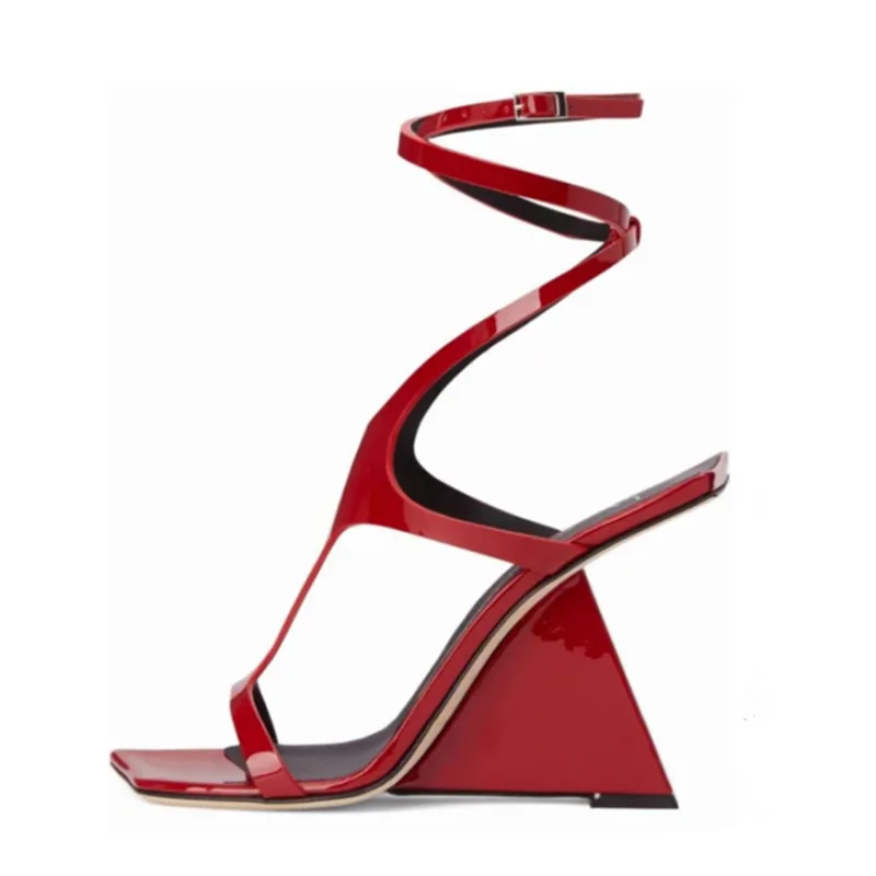2023 Summer New Women's Wedge Sandals Sexy Lacquer Leather Shaped Heels Fashion Party Dress High Heel Sandals