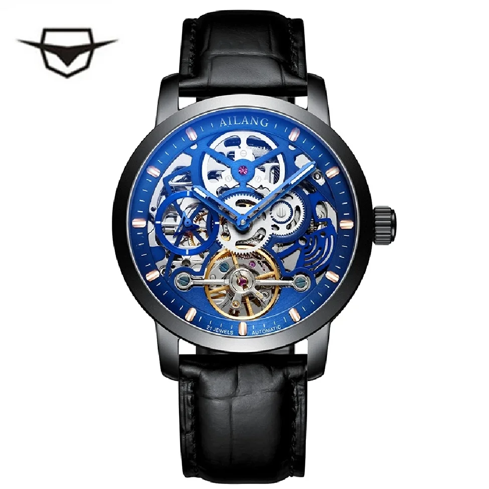 

AILANG 2023 New Mens Hollow Top Brand Luxury Luminous Waterproof Leather Watch Steampunk Clock Automatic Mechanical Men 6811D