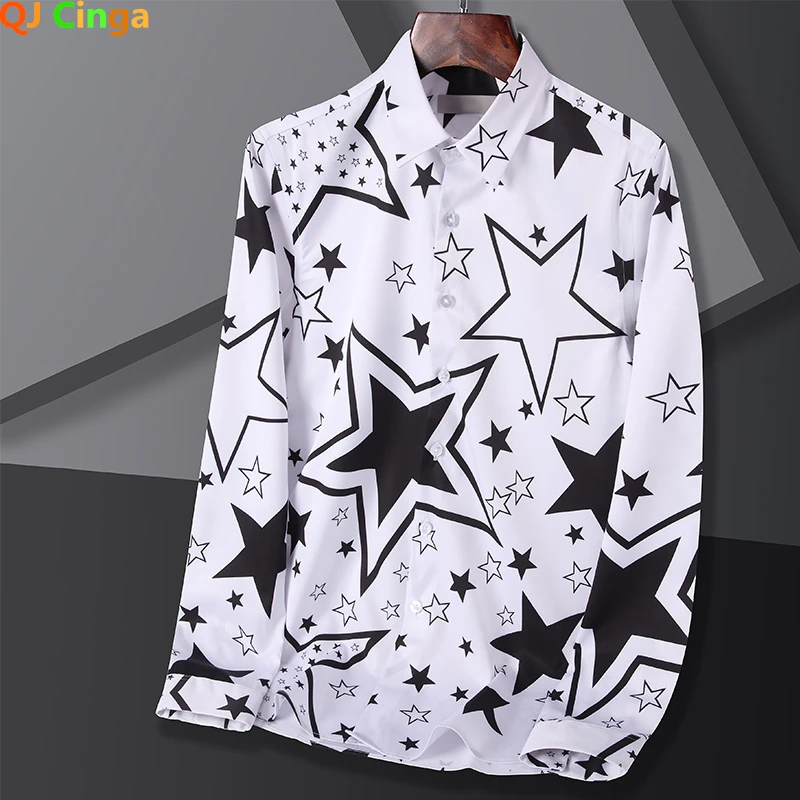 

QJ CINGA 2022 Fashion White Shirt Spring Single-breasted Men Long Sleeve Blouse Lapel Casual Solid Button Black Tops Party Blusa