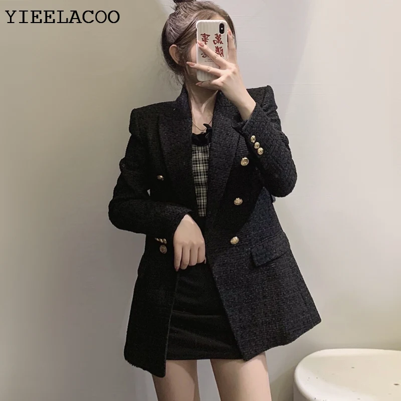 Black Tweed Jacket Casual Textured Small Fragrant  One-Piece Spring / Autumn Women's Double Breasted Suit Coat ladies