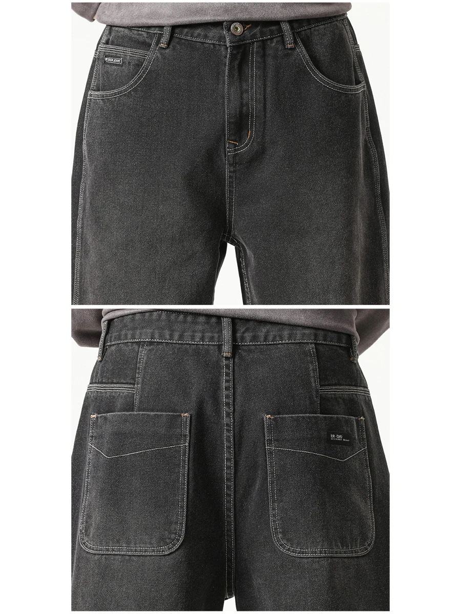 Four Seasons American Loose Straight Jeans Men's Trend Black Casual Wide Leg Pants Y2K Men Jeans Fashion Streetwear Men's JEANS