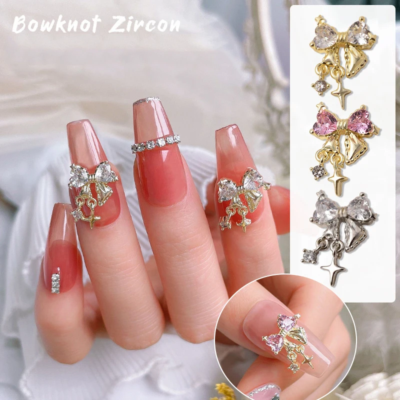 

1 Pcs Pink Nail Art Star Pendant Ornament Shiny Zircon Bowknot Nail Decoration Gemstones Light Luxury Alloy Bow Diamond INS HOT