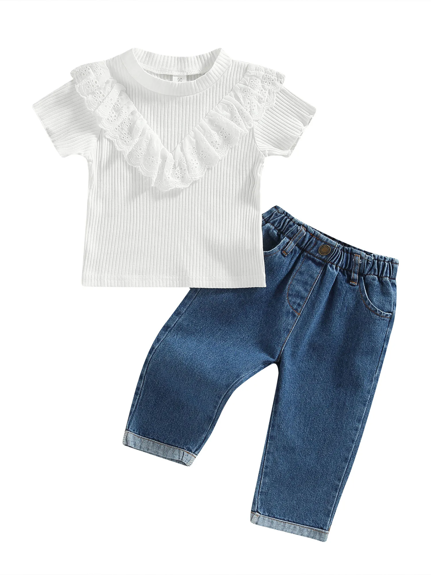 

Toddler Baby Girl Clothes Lace Trim Ruffle Ribbed Shirt Top Denim Pants 2Pcs Outfits Clothes Set