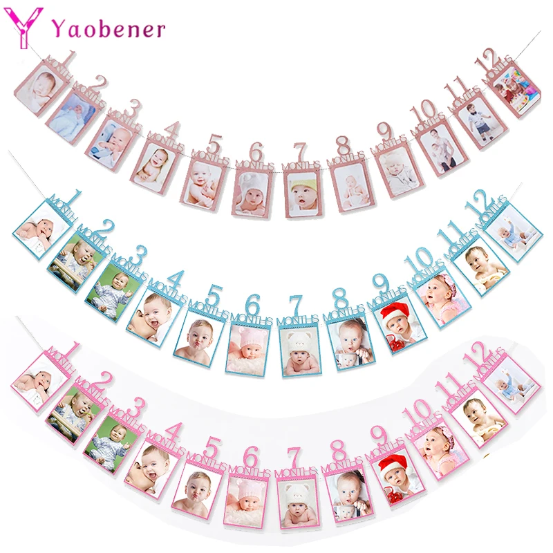 

12 Months Photo Frame Banner First Happy Birthday Decoration Boy Girl Baby My 1st One Year Party Paper Garland Bunting Supplies
