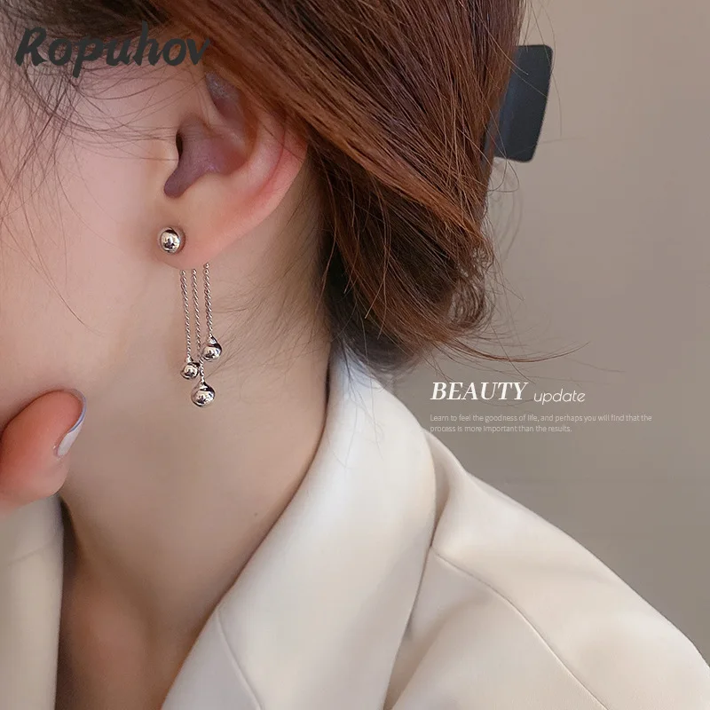 

Ropuhov 2021 New Woman 925 Silver Needle Metal Round Bead Tassel Simple Design Earrings Korean Versatile Christmas Gift
