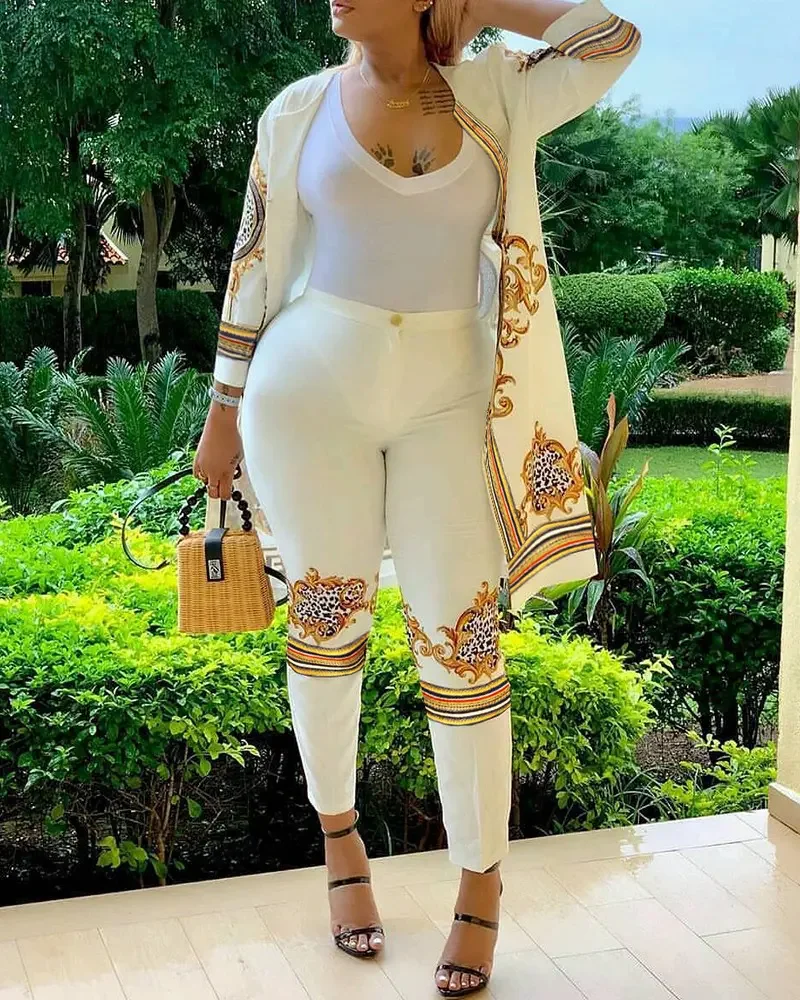 

Комплект с накидкой с принтом и брюками с завышенной талией, Новинка весна-лето 2022, расширенная версия свободных топов, Женская рабочая одеж...