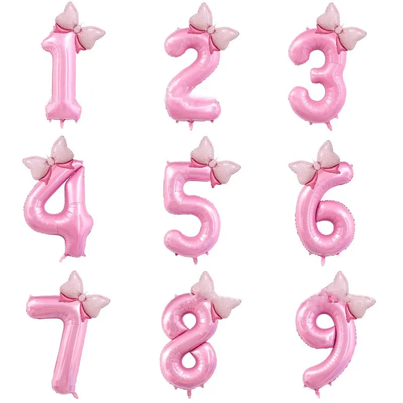 

40inch Pink Bownot Digital Aluminum Film Balloon Kids Girls One Year Old Happy 1st 2nd 3rd Princess Birthday Party Decors Balons