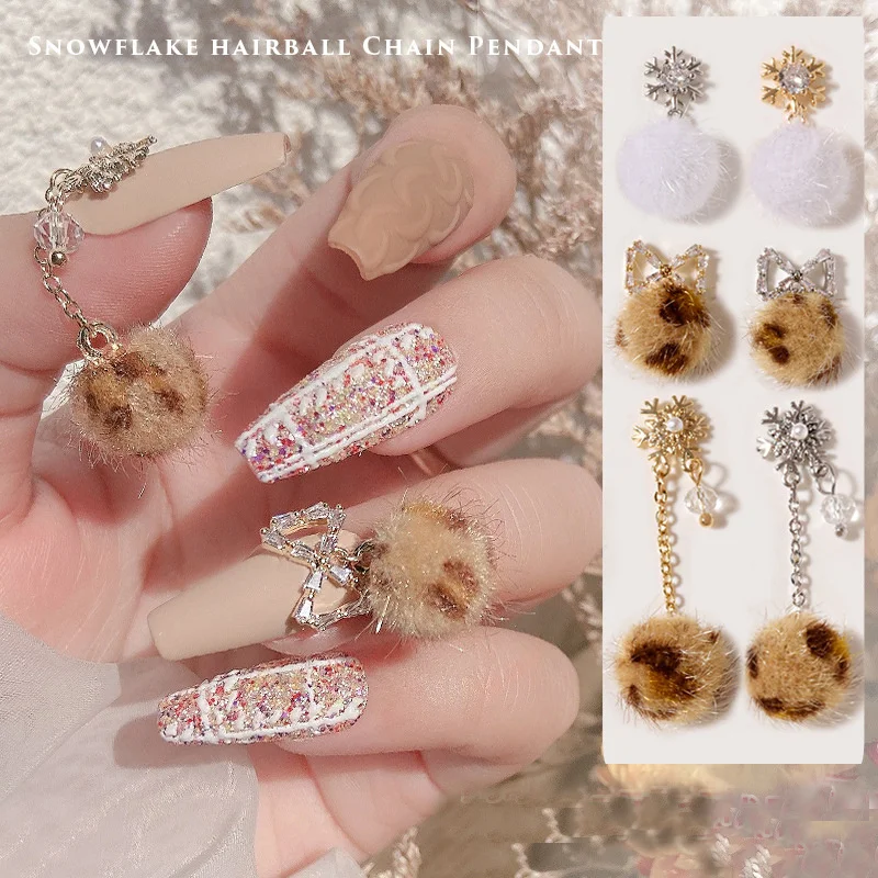 

10pcs/lot, 3d Nail Art Chain Snowflake Bow Leopard Print Fur Ball Tassel Pendant Nail Decoration Nail Accessories For Nail Tips
