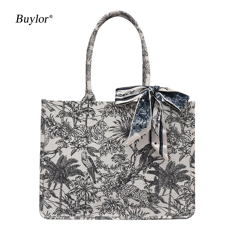 

Shoulder Bag Women Luxury Designer Handbags Soft Canvas Embroidery Crossbody Bags Silk Scarf with Pearls Casual Tote