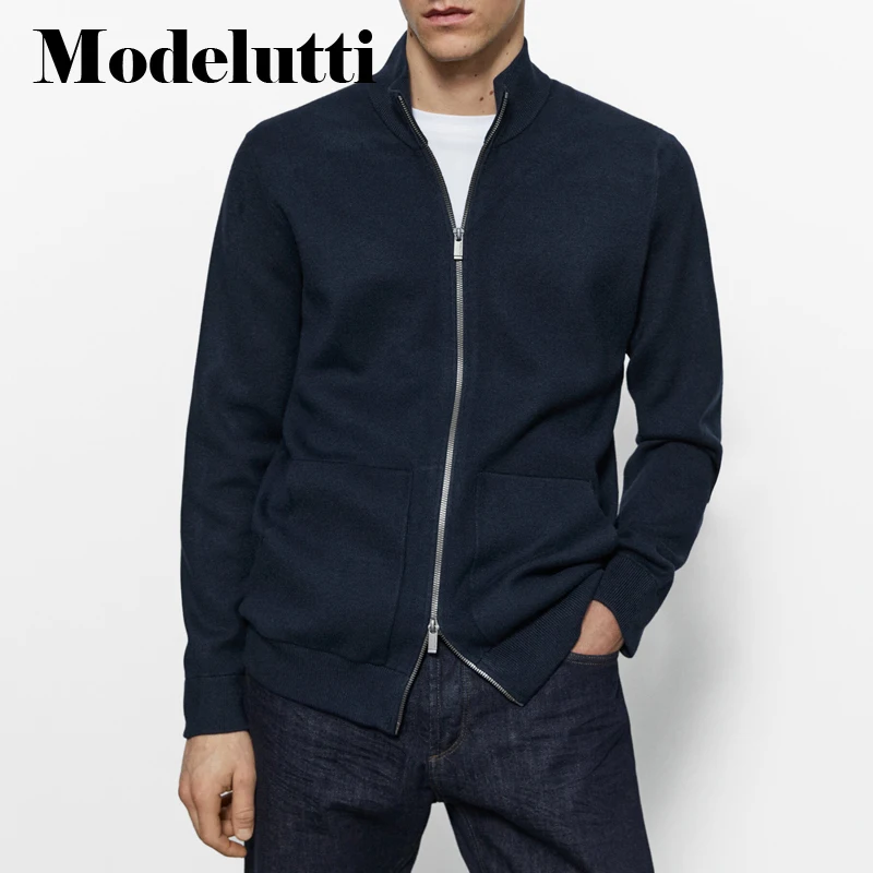 Modelutti 2022 New Spring Autumn Fashion Long Sleeve Knitted Sweater Cardigan Coat Pockets Men Solid Simple Casual Tops Male