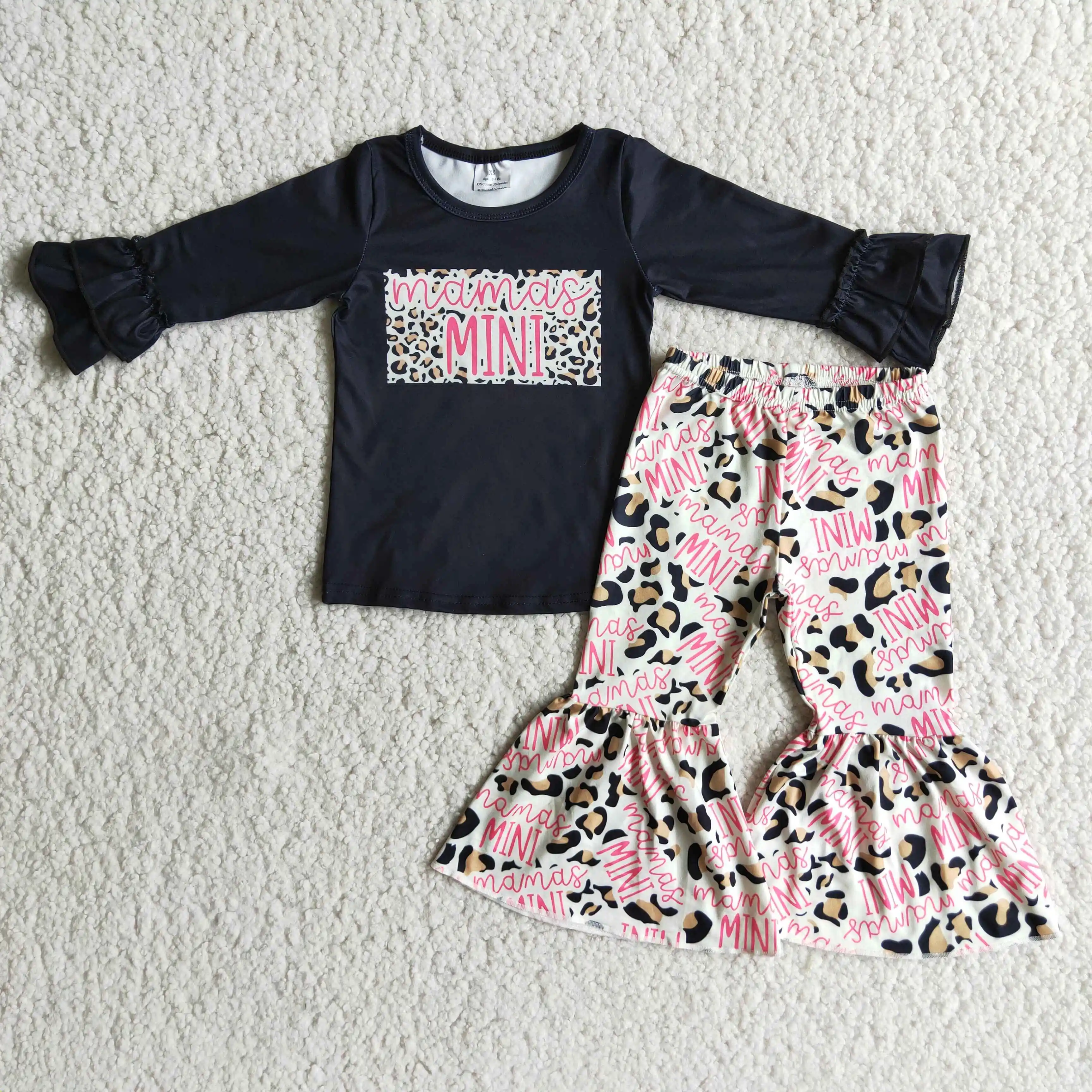 

2 pcs girls outfits letters pattern black long sleeve leopard print bell-bottoms fall winter 100% cotton kids clothing wholesale