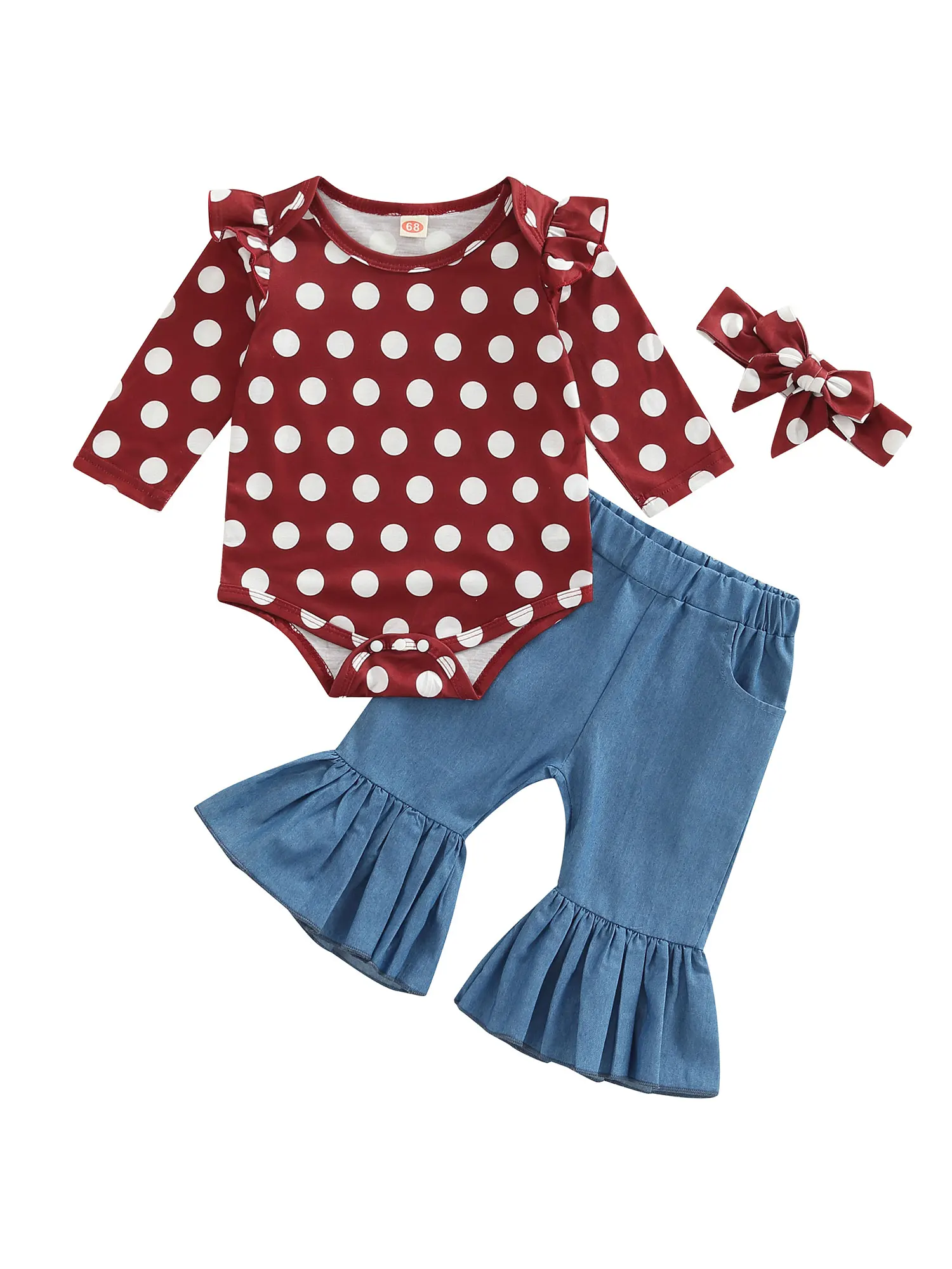 

Baby Girls Romper Pants Outfits Long Sleeve Polka Dot Print Romper Top Flare Denim Pants BowKnot Headband Clothes