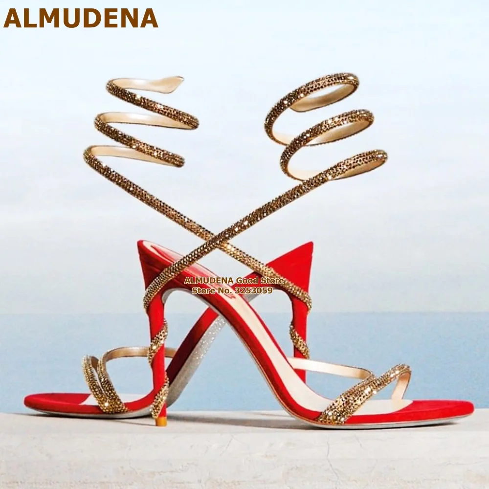 

ALMUDENA Gold Bling Bling Crystal Strap High Heel Sandals Twisted Snake Rhinestone Heels Wedding Pumps Sexy Shining Summer Shoes
