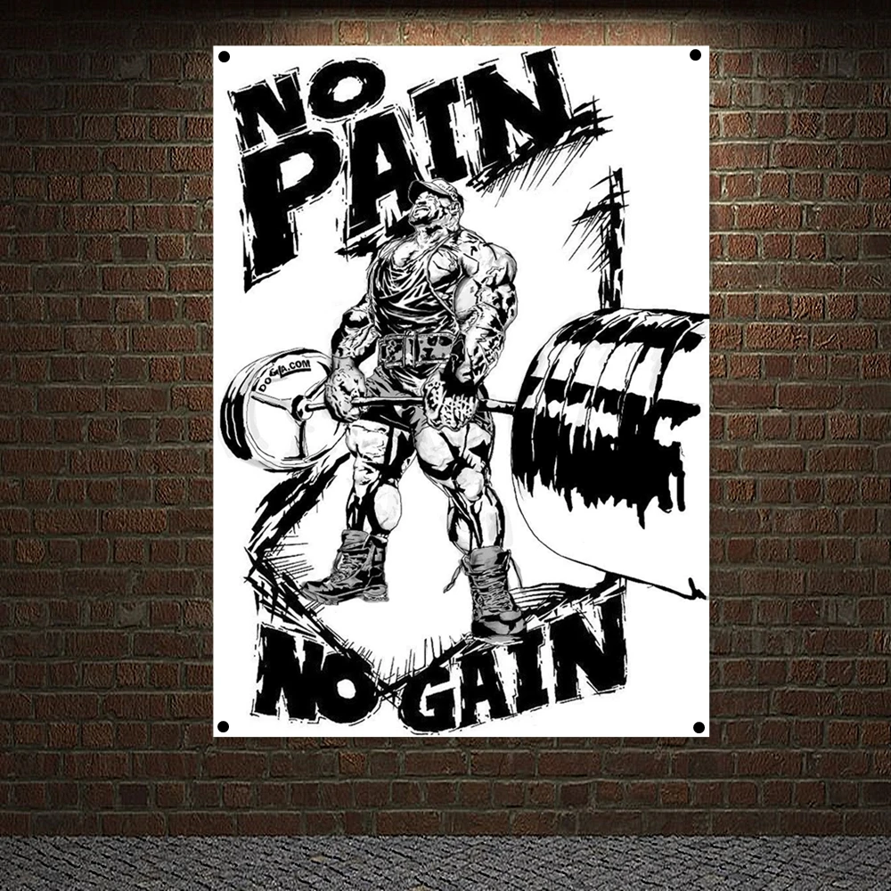 

NO PAIN NO GAIN Gym Decor Exercise Banner Wall Art Canvas Painting Man Muscular Body Inspirational Poster Tapestry Wall Stickers