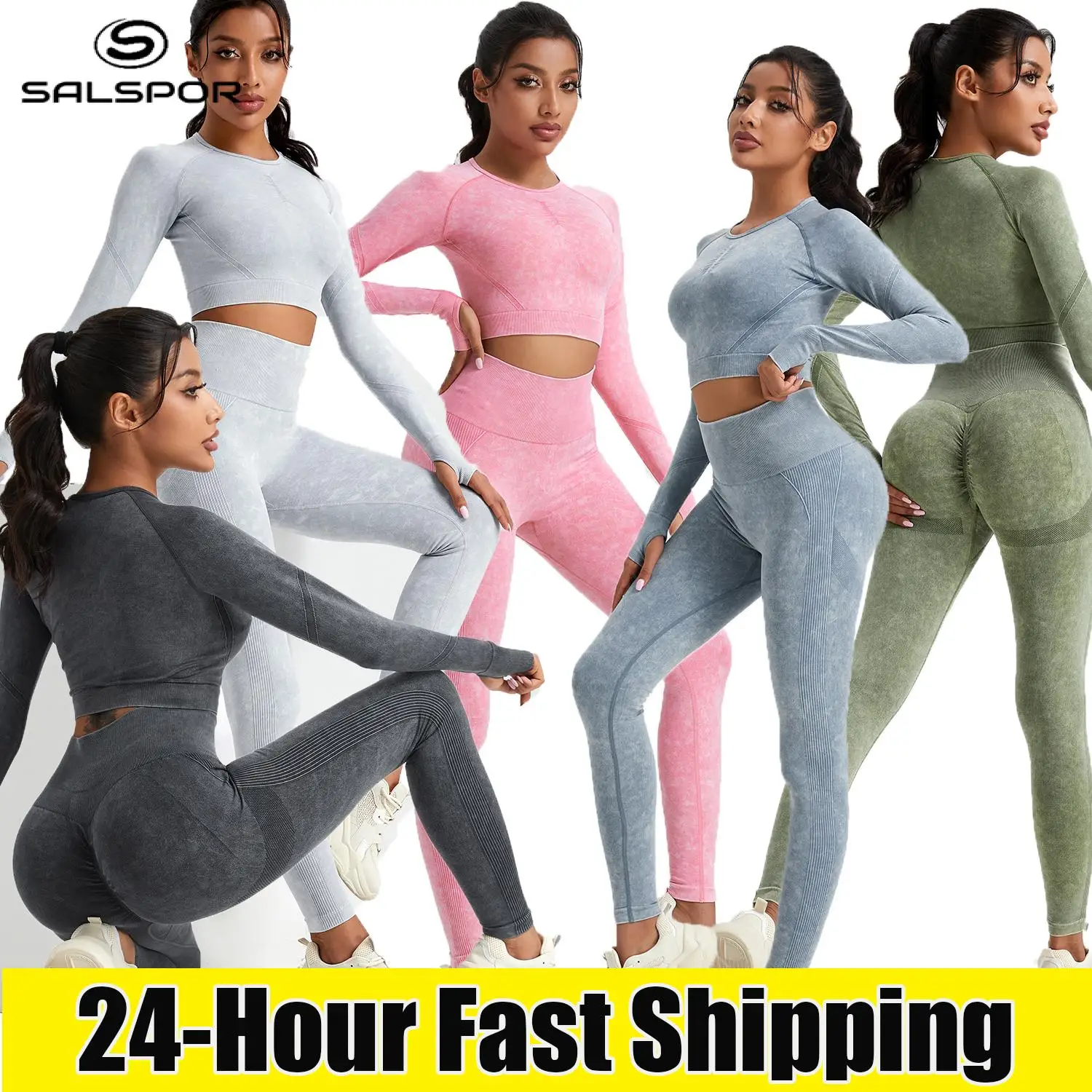 

SALSPOR бесшовный спортивный комплект из двух предметов с принтом для женщин, обтягивающие эластичные спортивные осенние штаны с эффектом пуш-ап, повседневные футболки Y2K