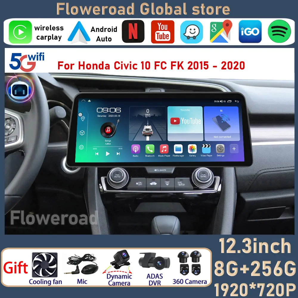 

Android For Honda Civic 10 FC FK 2015 - 2020 Car Radio Multimedia Player GPS Autoradio Carplay Stereo Screen Rear Camera BT5.0