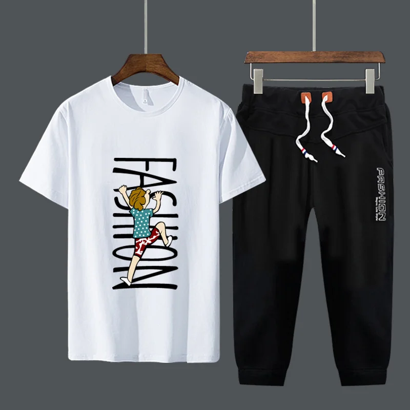 

2022 New Men's T-shirt+shorts Set Summer Cotton Casual T Shirt Running Set Fashion Streetwear Printed Male Student Sport Suit