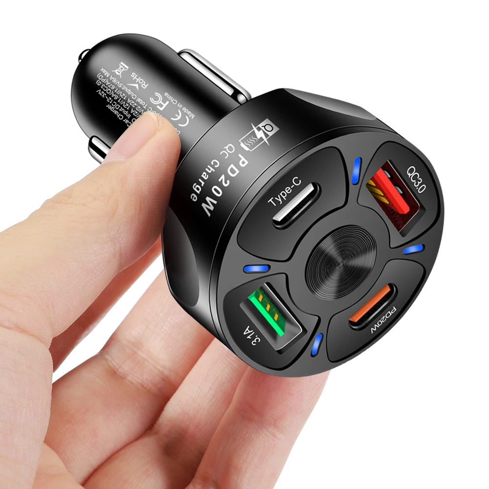 

5V 3.1A 12v QC3.0 PD 20W Car Charger Dual Fast Charging Cigarette Lighter Adapter Socke Dual USB Type-C Power Outlet Charger