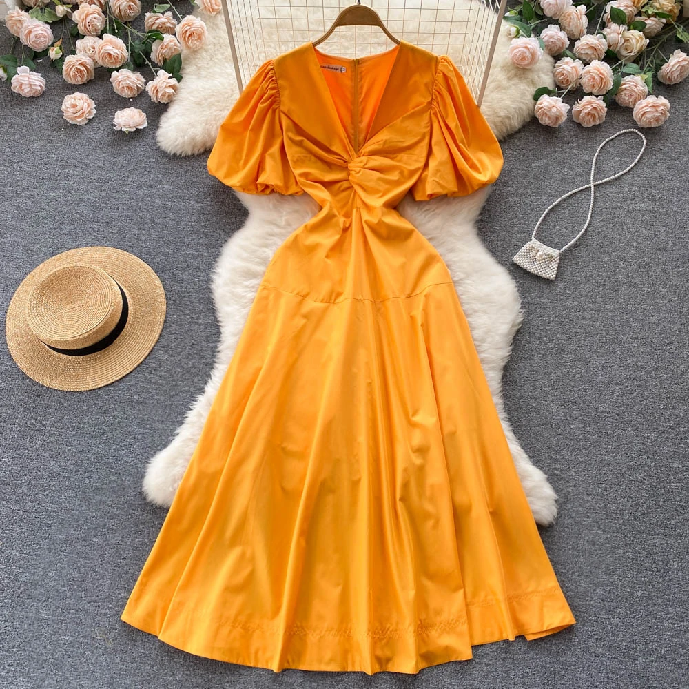 

French 2022 New Fashion Women Summer Kinked V-neck Slim Short Sleeve A-line Casual Dress Vintage Harajuku Clothes Vestidos G376