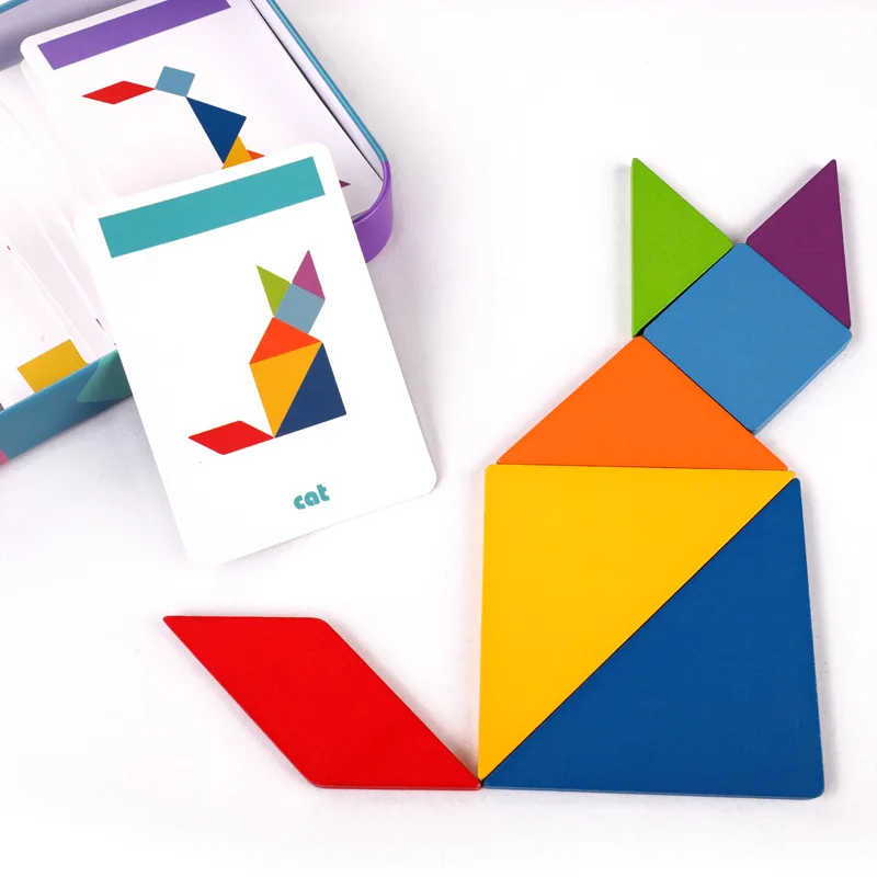 Детская деревянная цветная железная коробка Tangram пазл для хранения раннего