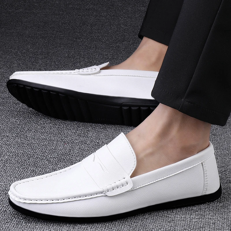 

2022 Men's Black Leather+Microfiber Leather Shoes 38-47 Soft Anti-slip Rubber Loafers Man Casual Leather Shoes Driving Shoes