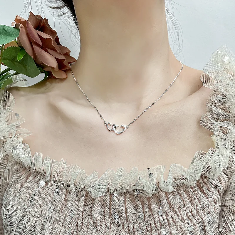

INS Double Layered Heart Shaped Women's Necklace Summer Y2K Elegant Collar Chain Imitation Diamond Birthday Pendant Jewelry