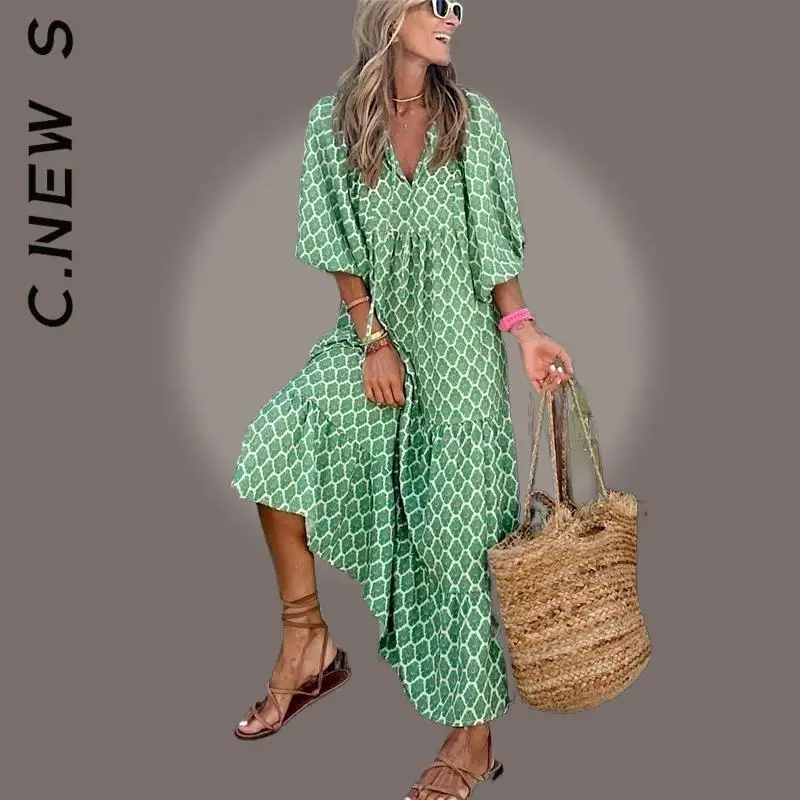 

C.New S Fashion Women Dress Puff Sleeve Long Dress Chic Holiday Ladies Dress Elastic Elegant Women Clothing Female Vestidos