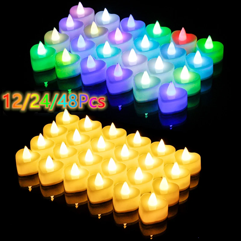 12/24/48Pcs LED Candle Heart Shaped Electronic Tea Light Candles with Batteries Wedding Party Decoration Valentine's Day Gifts