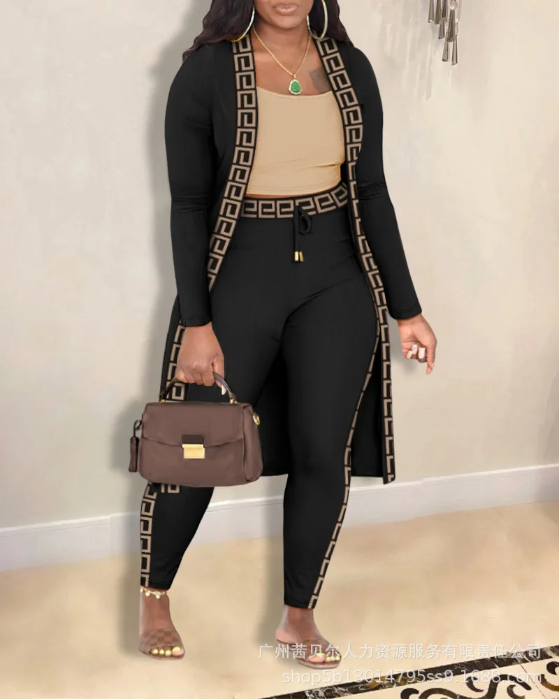 

Cami Top & Geometric Print Pants Set With Longline Coat Women Autumn Winter Clothing Suit Long Open Cardigan Pencil Pants