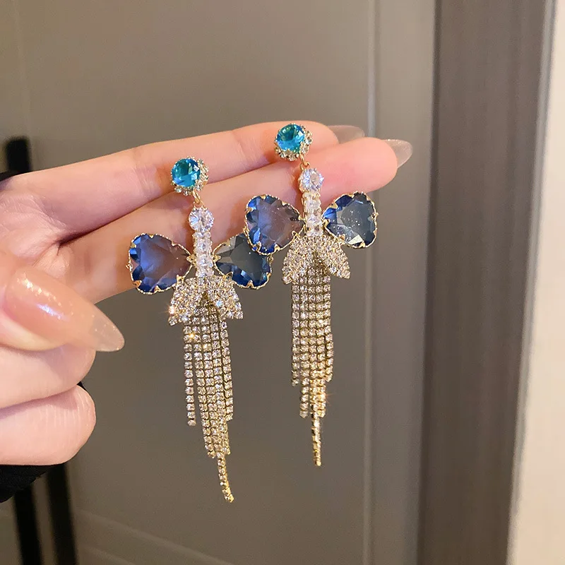 

New Luxury Jewelry Blue Heart Cubic Zirconia Bowknot Earrings For Women Party Accessories Full Rhinestone Crystal Tassel Earings