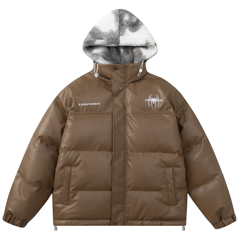 Мужская зимняя кожаная парка Женская Толстая флисовая куртка с капюшоном и