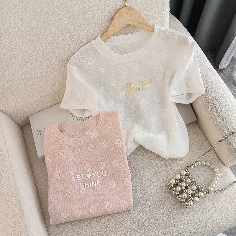 

Short Sleeve T-shirt Women's Summer 2022 Jacquard Letter Round Neck New Y2K Tops Streetwear Women Fashion Tees Shirts