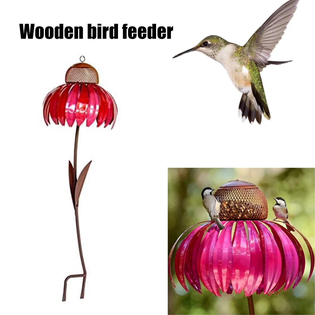 

Metal Flower Bird Feeder Bottle Outside Garden Art Birdfeeder Stand Coneflower Bird Food Holder Outdoor Lawn Lamp Garden Decor