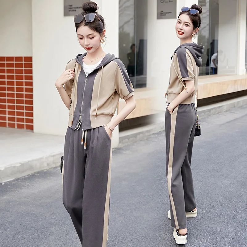

Модный Спортивный Повседневный костюм для женщин 2023, элегантный тонкий пиджак на молнии с коротким рукавом и капюшоном + широкие брюки, комплект из двух предметов, спортивный костюм