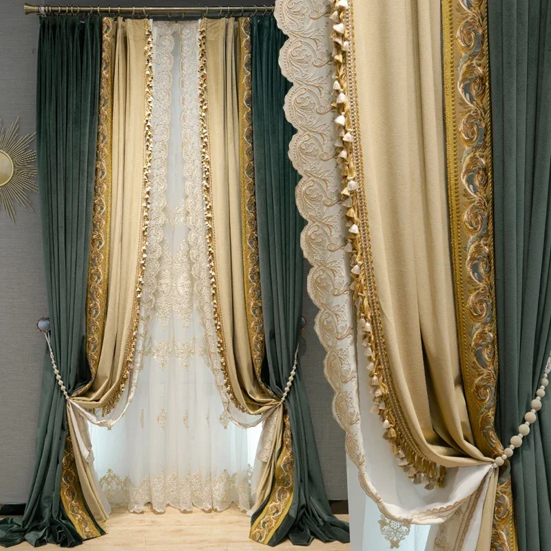 Европейские темно-зеленые бархатные однотонные утолщенные шторы для гостиной