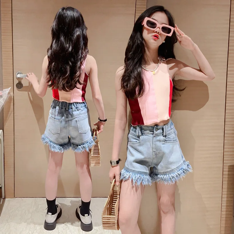 

2023 New Summer Teenage Girls Casual Suit Children Colorblock Sleeveless Crop Top T-Shirt+ Tassel Denim Shorts for 4-16T Outfits