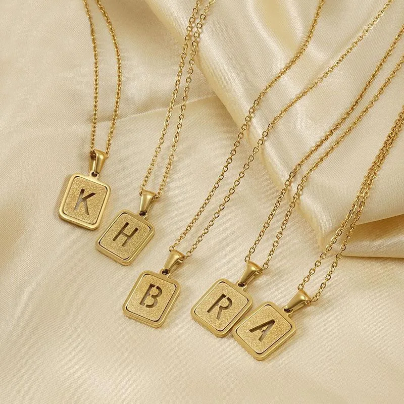 Stainless Steel Tiny Square Disc Initial Necklace for Women Gold Color Hollow Letter Choker Minimalist Pendant Necklaces Jewelry