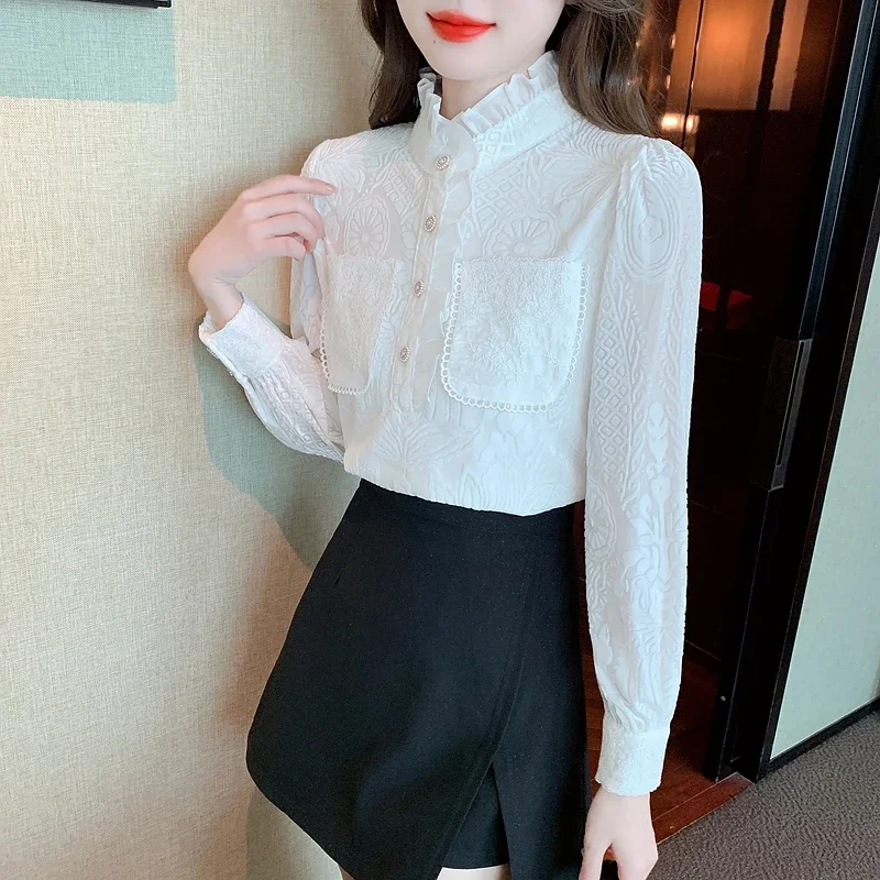Высококачественная модная новая кружевная блузка с длинным рукавом Топ Женская