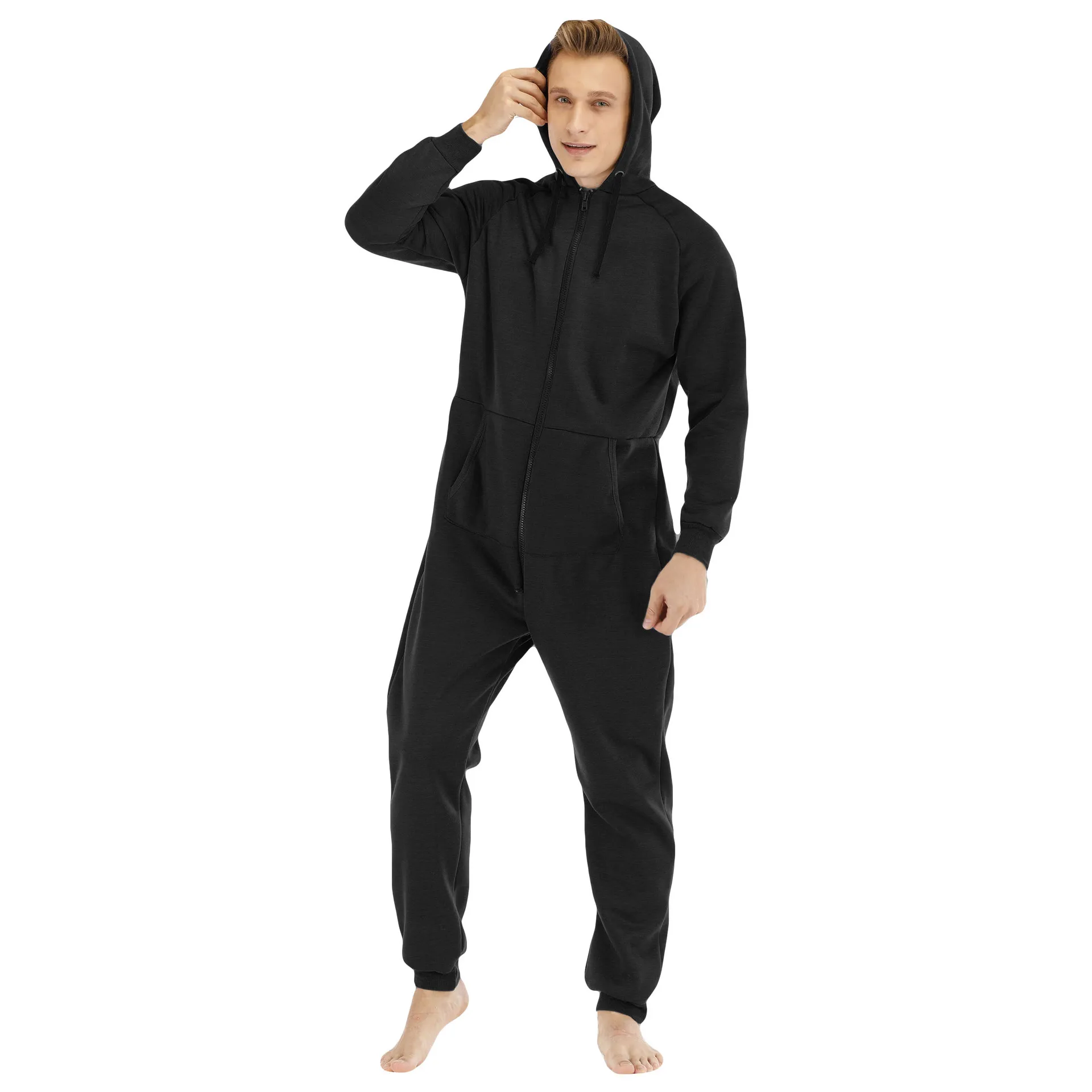 Christmas Black Color Sleepwear Kigurumi Hooded Pajama Sets For Adult Men Pajamas Autumn Winter Warm Pyjamas Overall Suits
