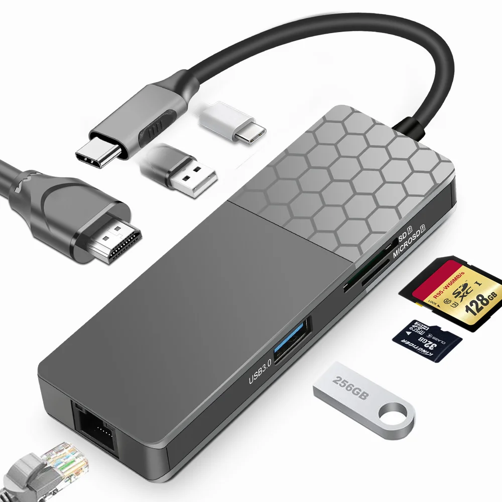 

Док-станция 7 в 1 Type C для HDMI 4K RJ45 USB 3,0 PD 100 Вт SD TF ридер зарядный концентратор для ноутбука MacBook Pro/Air M1/M2/Huawei