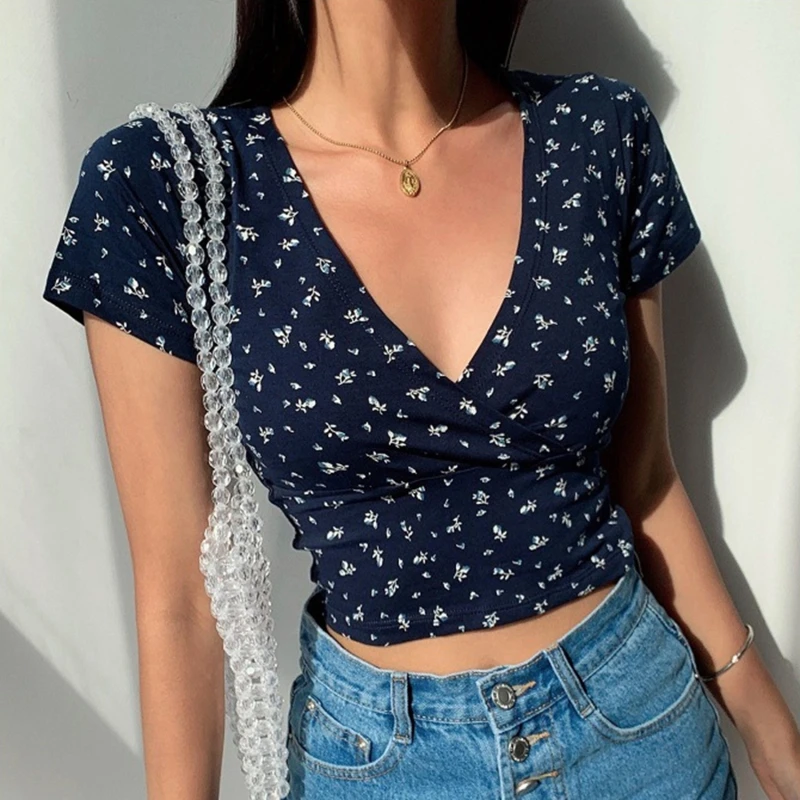 

Y2K винтажный цветочный кроп-топ с перекрестными бретелями, женская укороченная облегающая футболка с коротким рукавом и V-образным вырезом, сексуальная летняя одежда, футболка, женские топы