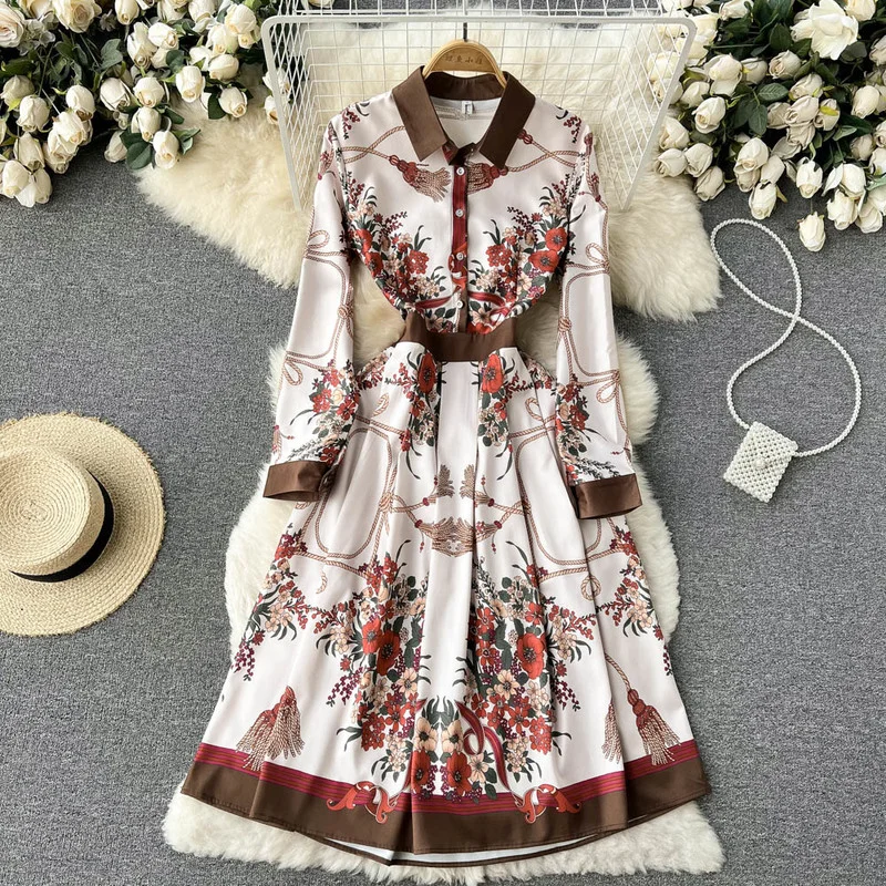 

Женское винтажное платье на пуговицах, с отложным воротником и цветочным принтом