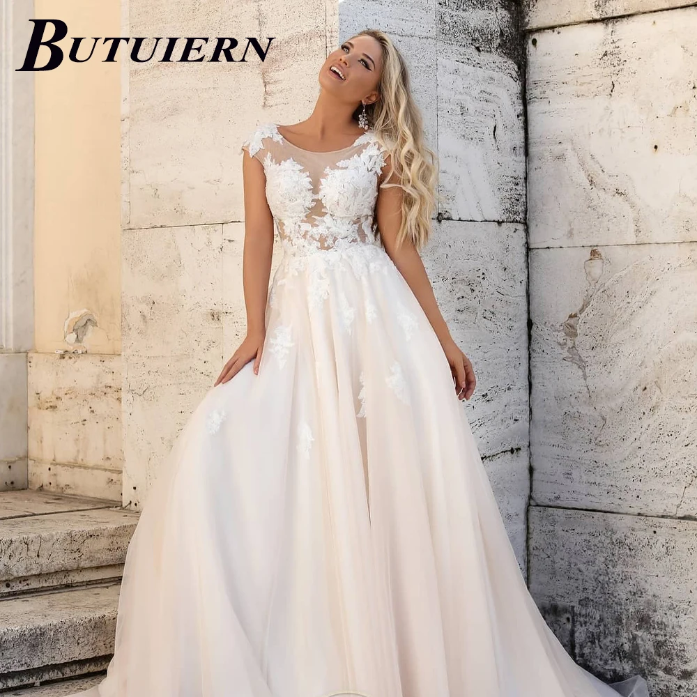

BUTUIERN O Neck Off The Shoulder Wedding Dresses Modern A Line Tulle Appliques Button Illusion With Court Train Made To Order