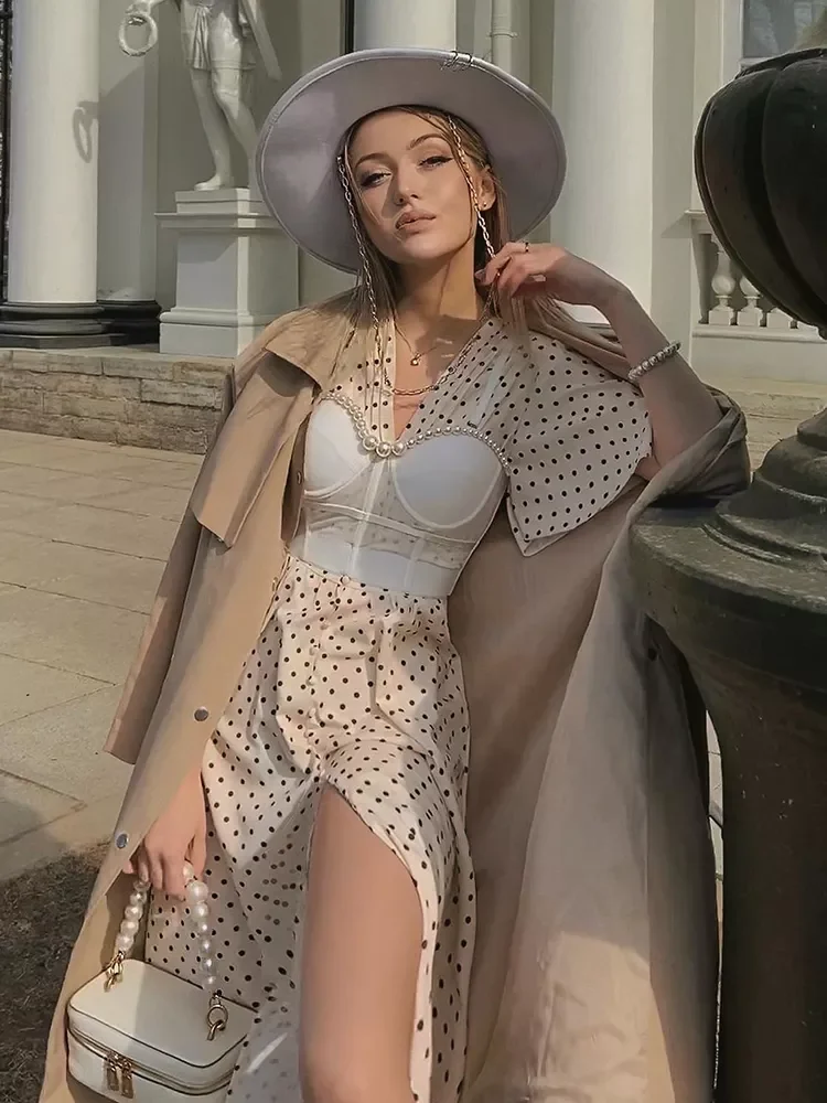 

Chic polka dot botton a-line dress women Bell sleeve high waist maxi vestido elegant Office white dresses summer 2022