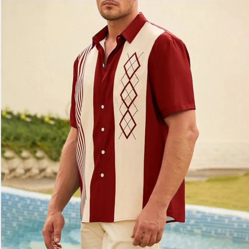 Hawaiian Shirt Men Summer Stripe Printing Short Sleeve Button Blouse Loose Casual Male Clothing S-5XL