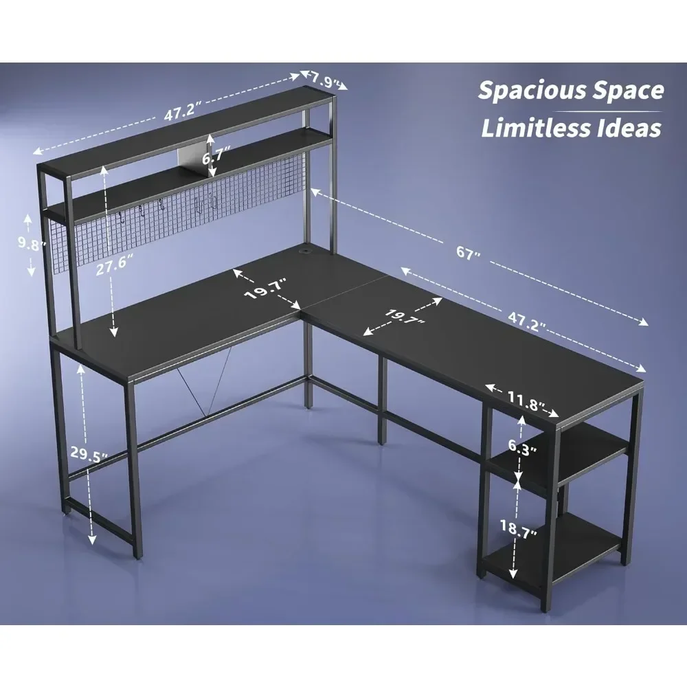Shaped Desk with Hutch and Pegboard - 67&quot L Gaming LED Lights Corner Computer Storage Shelves Black
