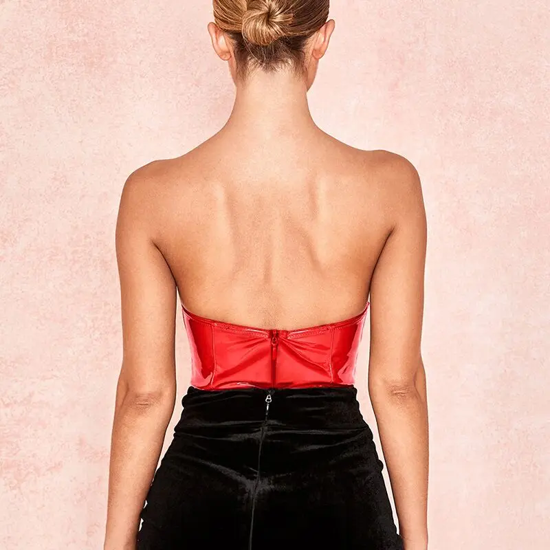 

Women Sleeveless Backless Jumpsuit Women Rompers Black Casual Body Mujer Femme Red PU Leather Sexy Strapless Nightclub Bodysuit