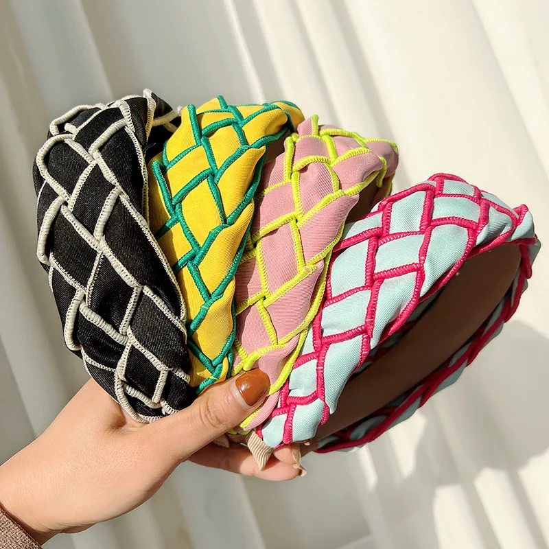 

2023 Women Bohemian Rainbow Striped Weaving Hairbands Headbands Autumn Winter Hair Hoop Fashion Wide Side Bezel Hair Accessories