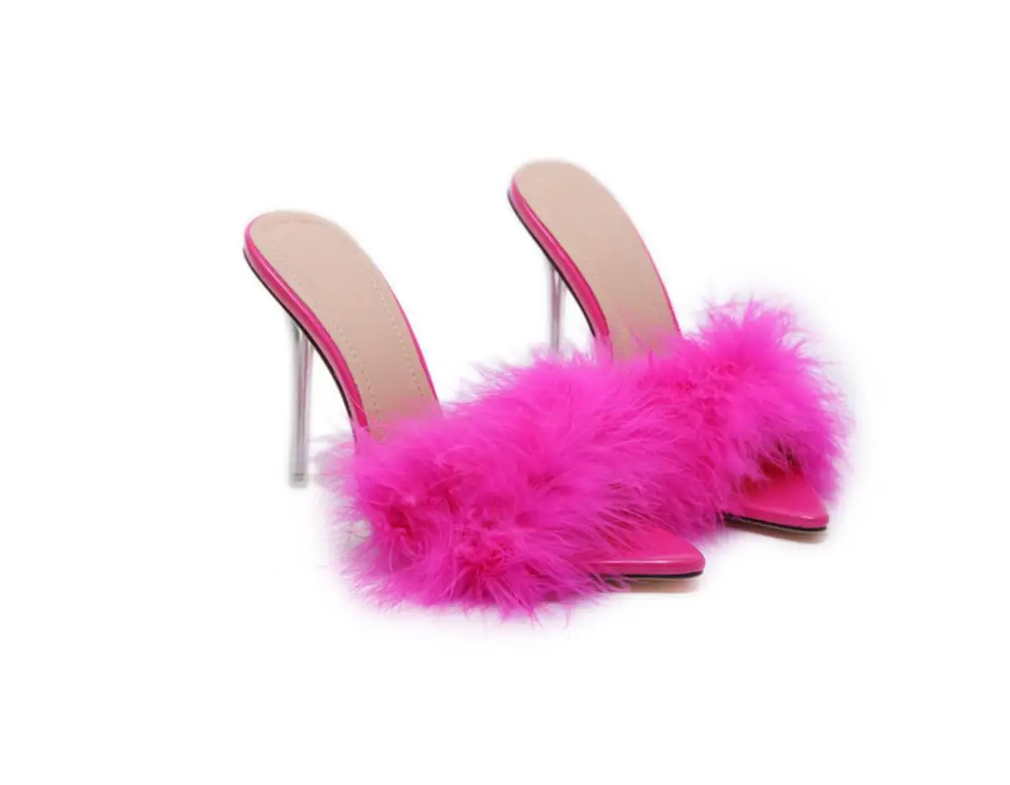 Fashion Summer Woman Pumps PVC Transparent Feather Perspex Crystal High Heels Fur Peep Toe Stiletto heels Ladies Slides Shoes