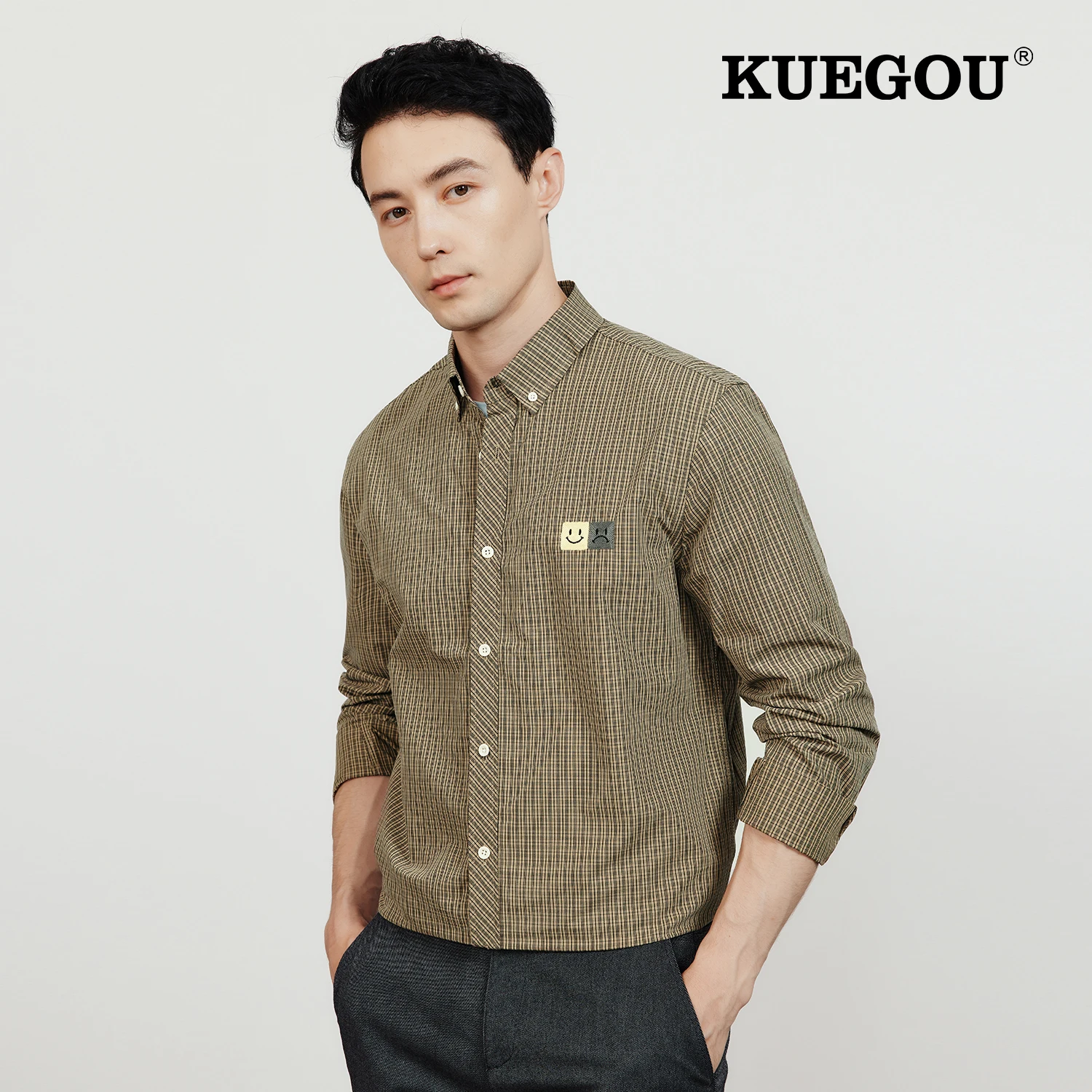 

KUEGOU 2022 Autumn 100% Cotton Black Casual Plaid Embroidery Shirt Men For Male Collar Button Slim Long Sleeve Clothing 20551